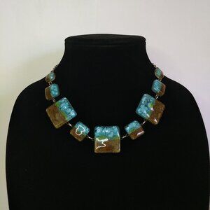 Square Blue Brown Art Glass Silver Tone Necklace Art to Wear Handmade OOAK